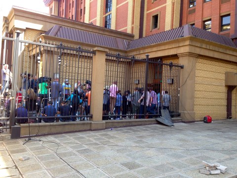 18_Media gauntlet waiting for Pistorius.JPG